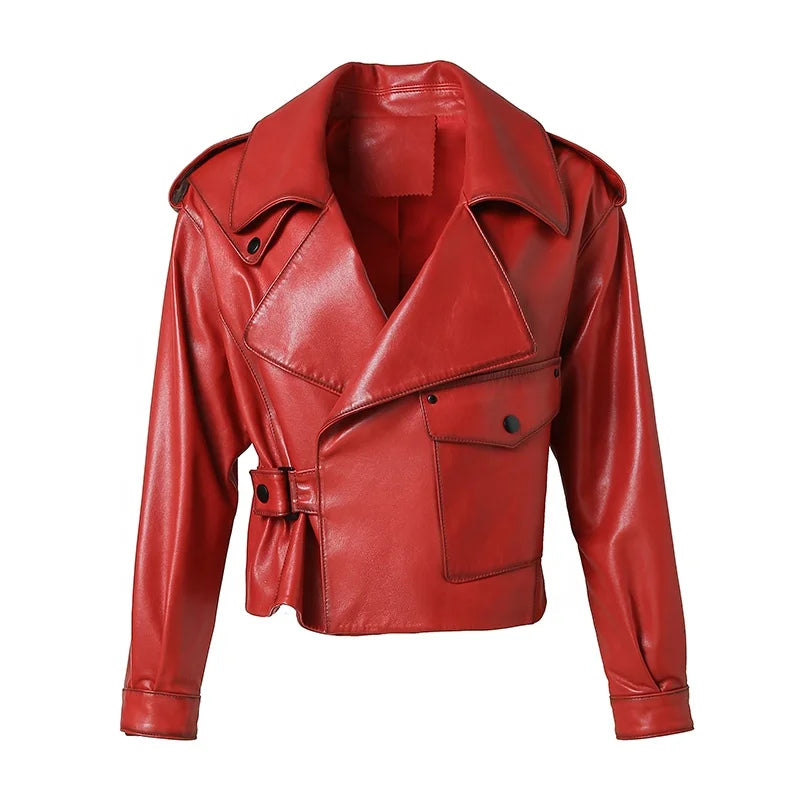 New Coming Women Vegetable Tanned Sheepskin Leather Jacket Red Leather Jacket