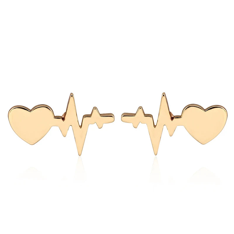 Fashion Rose 18K Gold Silver Plated Stainless Steel Tiny ECG Heartbeat Stud Earring Jewelry for Women