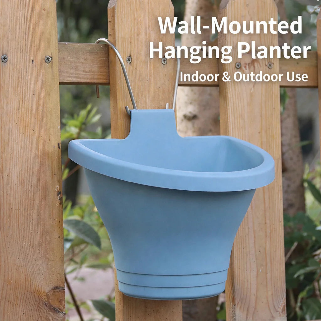 Wall-Mounted Hanging Planter Plastic Flower Pot with Metal Hook for Balcony Fence Indoor & Outdoor Use