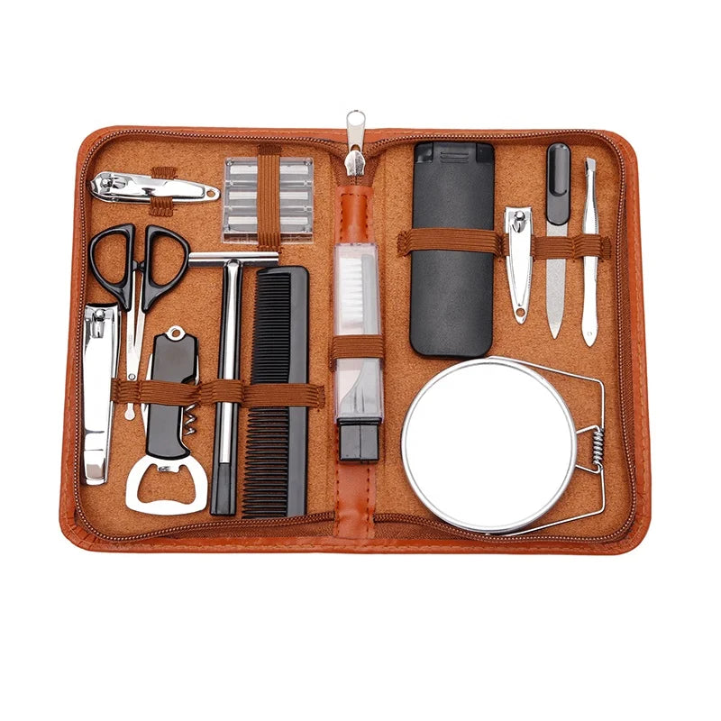 15 in 1 Men's Grooming Kit Best Design Leather Pouch Popular Steel Nail Manicure Tools Stock Beard Grooming Kit