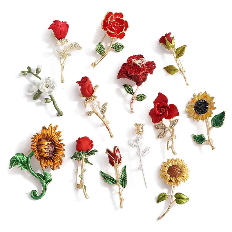 Jachon Luxury New Red Rose Flower Brooch Pin Diamond Corsage Fragrant Sunflower Alloy for Women Womens Jewelry Zinc Alloy 3 Pcs