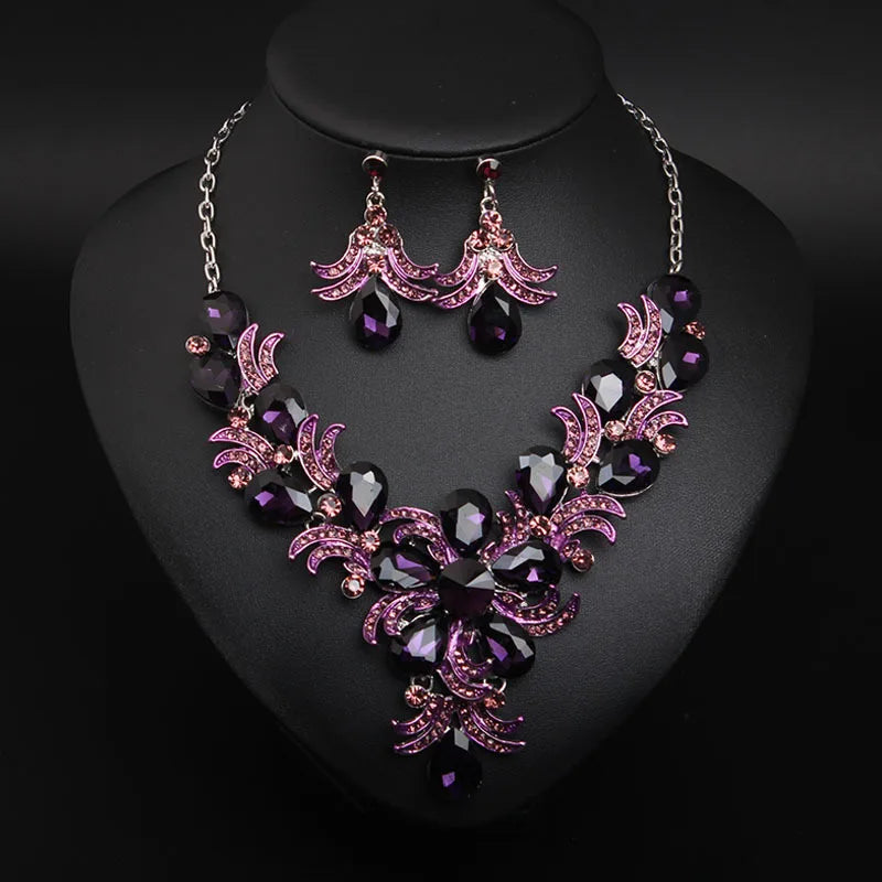 XL170 Fashion Luxurious Rhinestones Jewelry Set Women Flower Crystal Necklace Earrings Set for Wedding