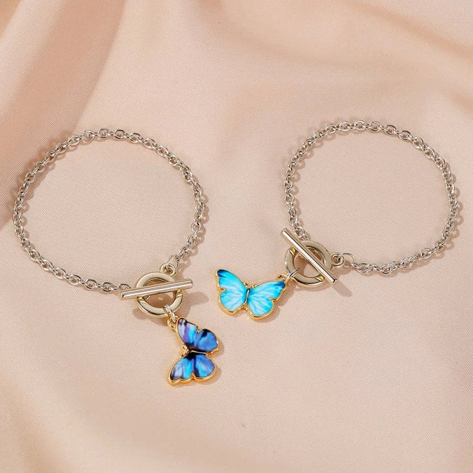 Trendy INS Style Silver Color Chain Charm Blue Butterfly Pendant Bracelet Jewelry for Women Girls