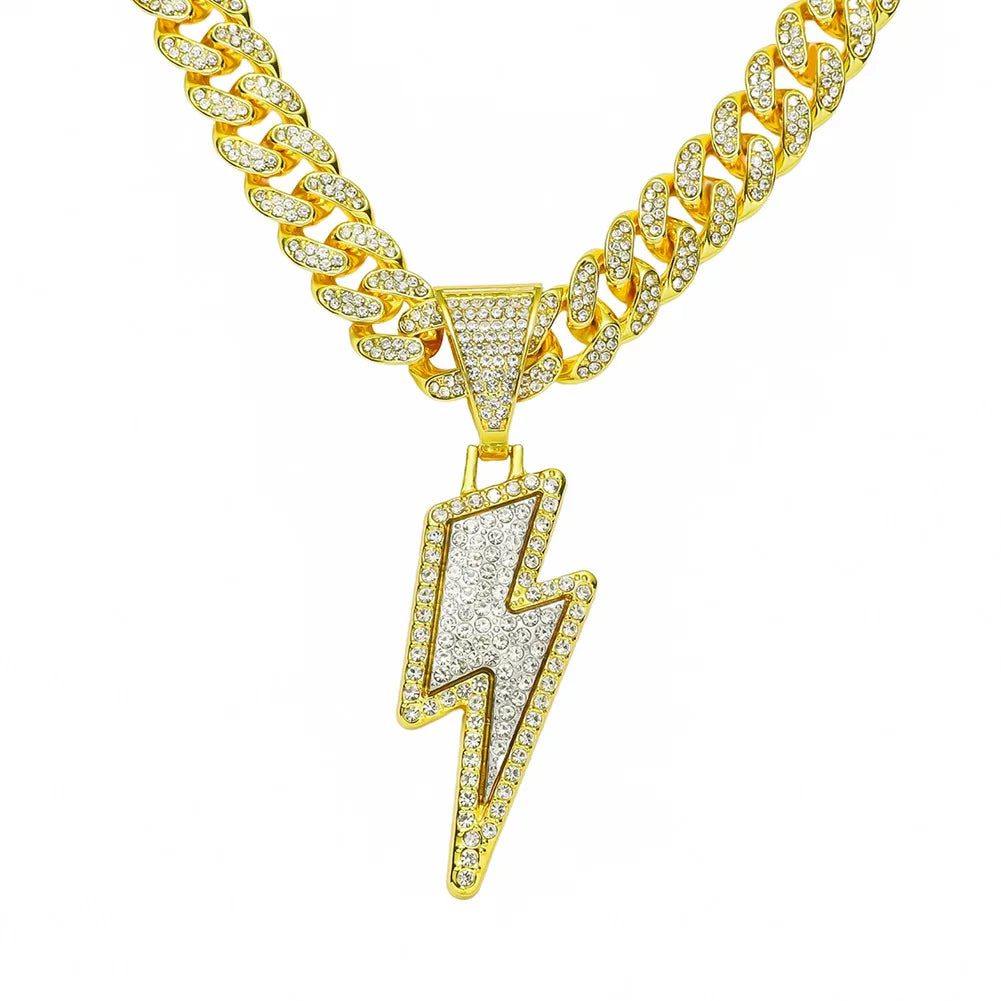 Men Women Hip Hop Lightning Pendant Necklace with 13mm Crystal Cuban Chain HipHop Iced Out Bling Necklaces Fashion Charm Jewelry