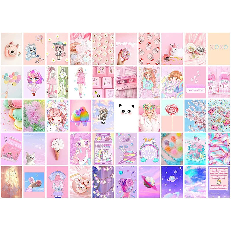 Aesthetic Pink Custom Design Wall Collage Kit 50pcs 10x15CM Coated Paper Varnished Surface Art Poster for Room Decoration