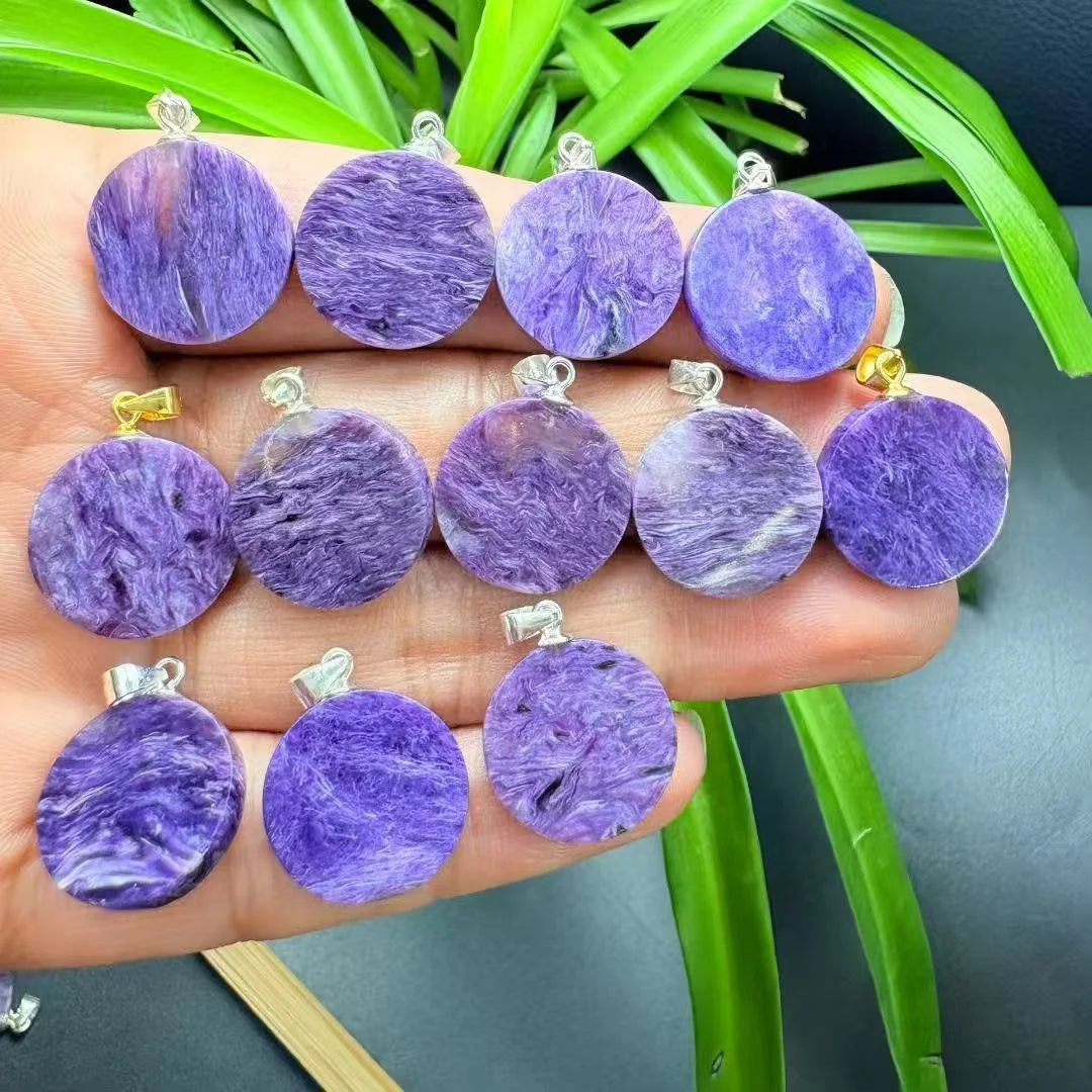 Handmade Chakra Healing Crystal Natural Charoite 925 Sterling Silver Disc Pendant for Enhancing Spiritual Perception