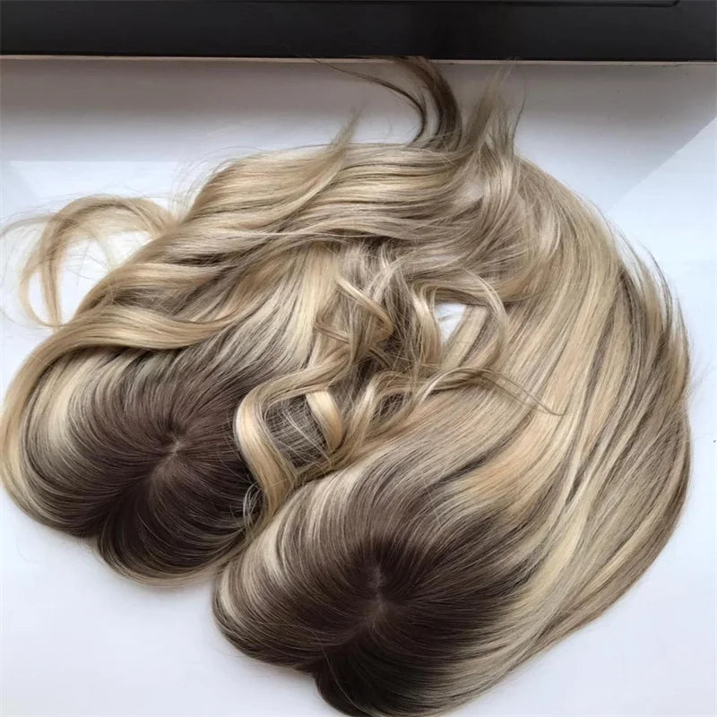 Jewish Kosher Full Lace Silk Top Russian Remy Hair Topper Blonde Balayage Skin Scalp Beauty Girl Hair Toppers
