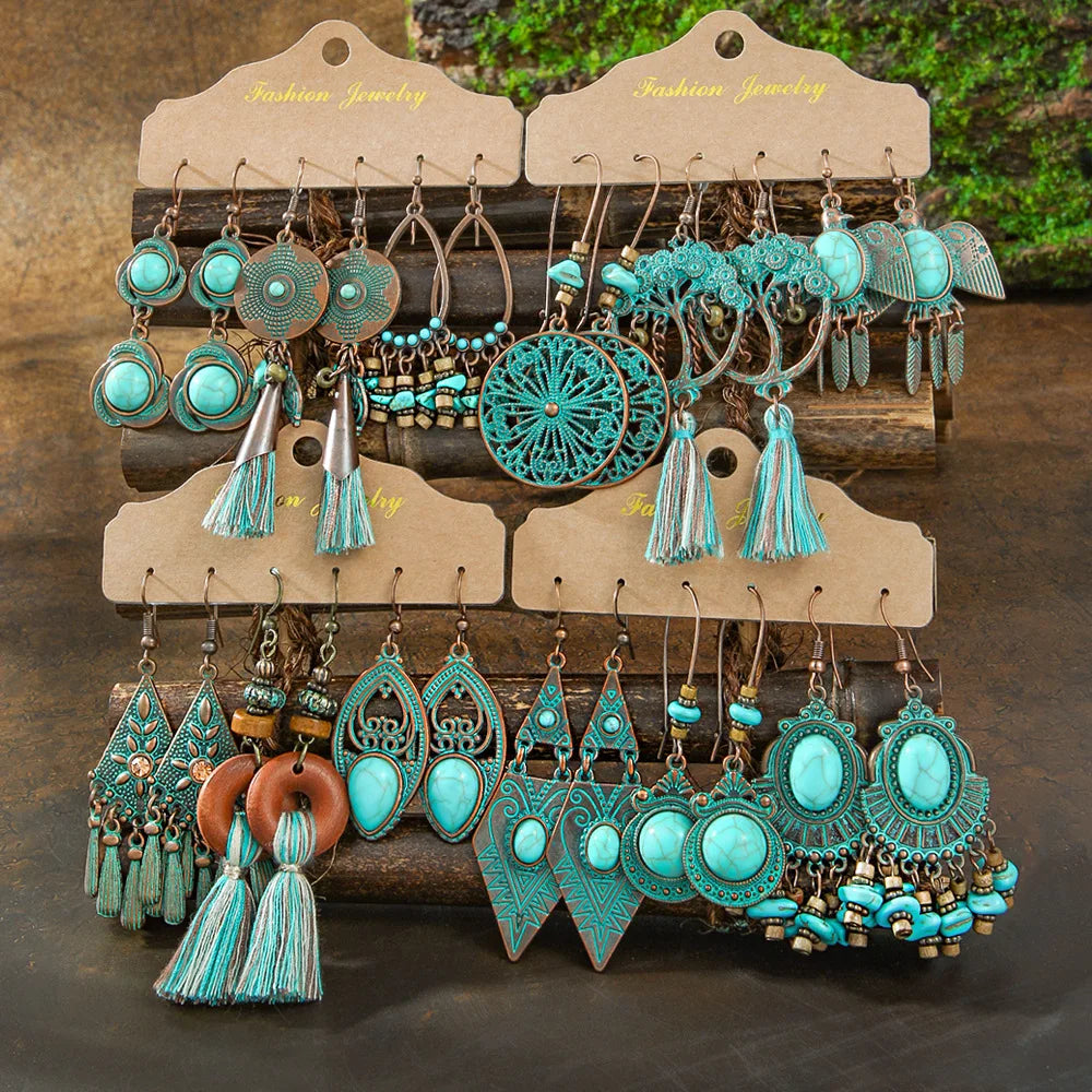 23 Styles Reto Ethnic Antique Bronze Patina Turquoise Wing Sun Leaf Pendant Vintage Boho Earring Set Jewelry for Women