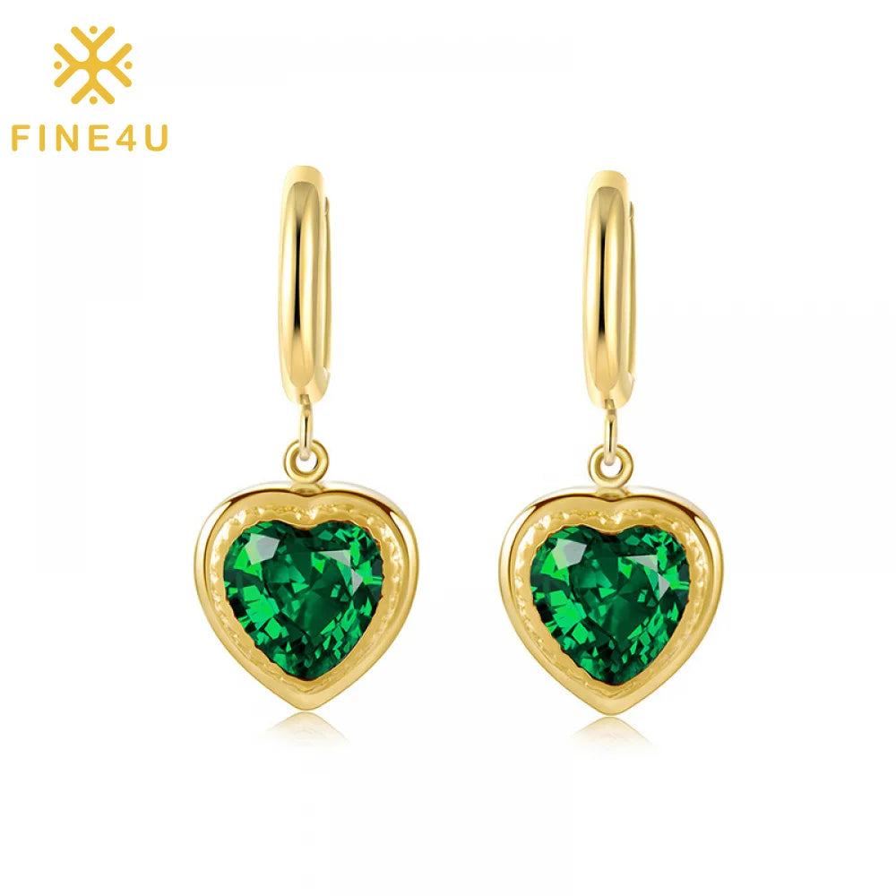 Luxury Dainty Fashion Women Trendy Jewelry Stainless Steel 14K Gold Plated Green Red Cubic Zirconia Heart Drop Earrings