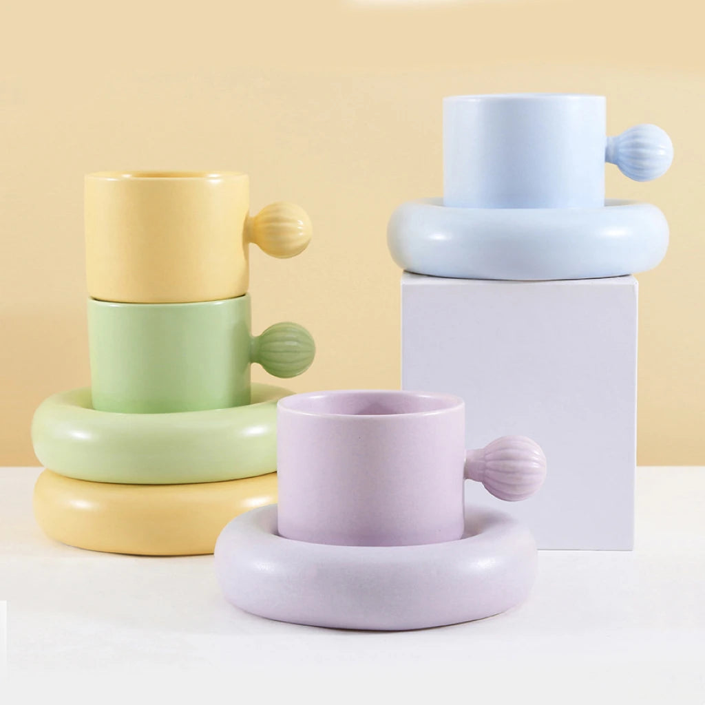 Creative Round Shape Handle Ceramic Cup and Saucer Afternoon Tea Cup with Dessert Plate Household Mug Wholesale
