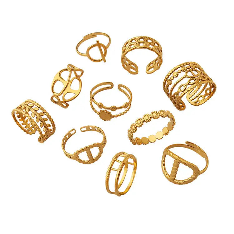 Wholesale 10 Styles Fancy Gold Plated Stainless Steel Luxury Sun Flower Open Rings for Women