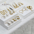 Ason Fashion Jewelry 18K Gold Plated Stainless Steel C Shape Pearl Stud Earrings Round Shell Pearl Drop Hoop Earrings for Women