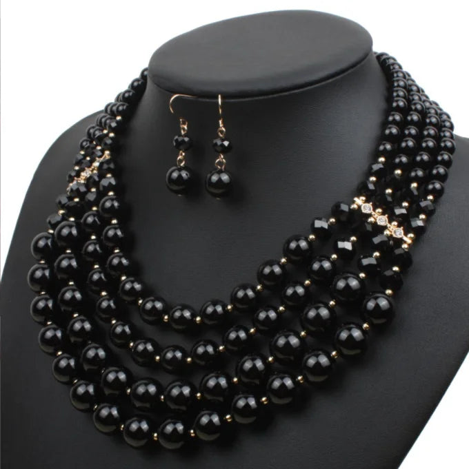 Fashion Exaggerated Hand-crafted Imitation Pearl Crystal Transparent Red Beads Multi-layer Short Jewelry Set Necklace for Women