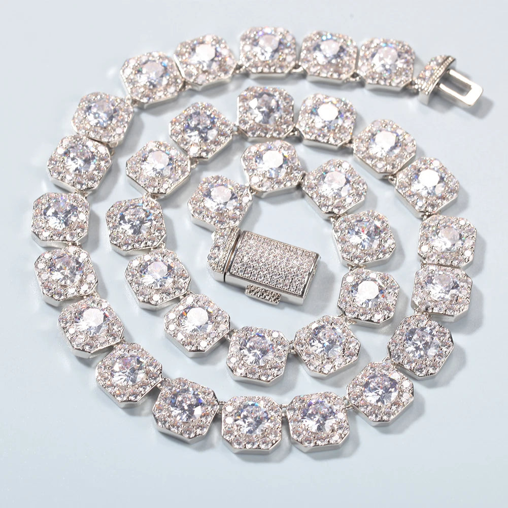2021 New Design Big Zircon Stone Lab Diamond Rhodium Plating Silver Gold square Shape Unisex Iced Out Cuban Necklace Jewelry