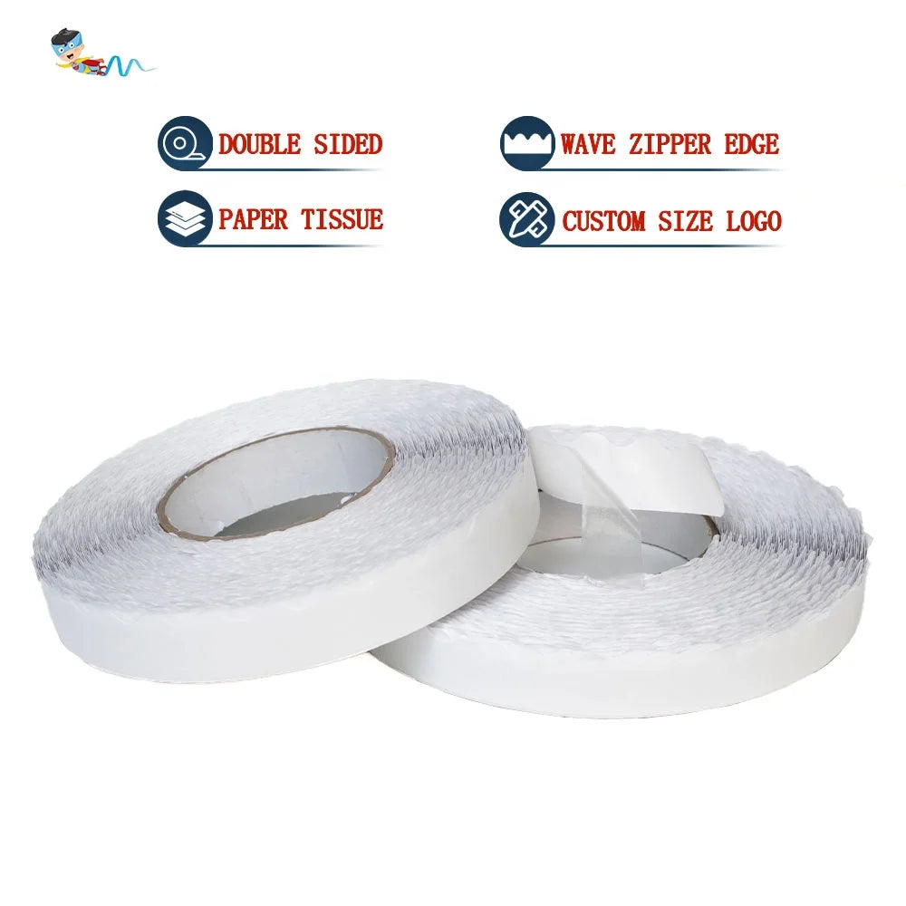 2- Recyclable Easy Peel Off Nonwoven Paper Base Double Sided Coated Hot Melt Glue Wave Zipper Edge Tissue Self Adhesive Tape