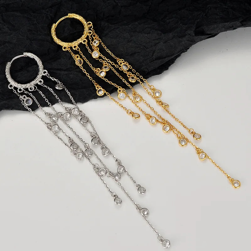 BASQUESUN FactoryCreative Ethnic Style Design Temperament S925 Pure Silver Inlaid Zircon Tassel Tang Grass Pattern Long Earrings