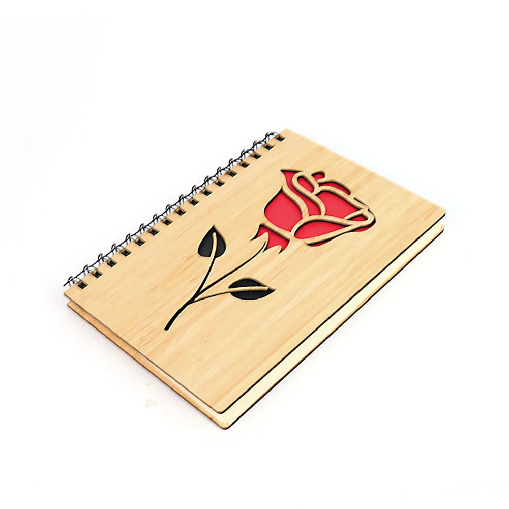 Wooden Notebook with Floral Engraving | A5 Laser Cut Rose Cover Journal