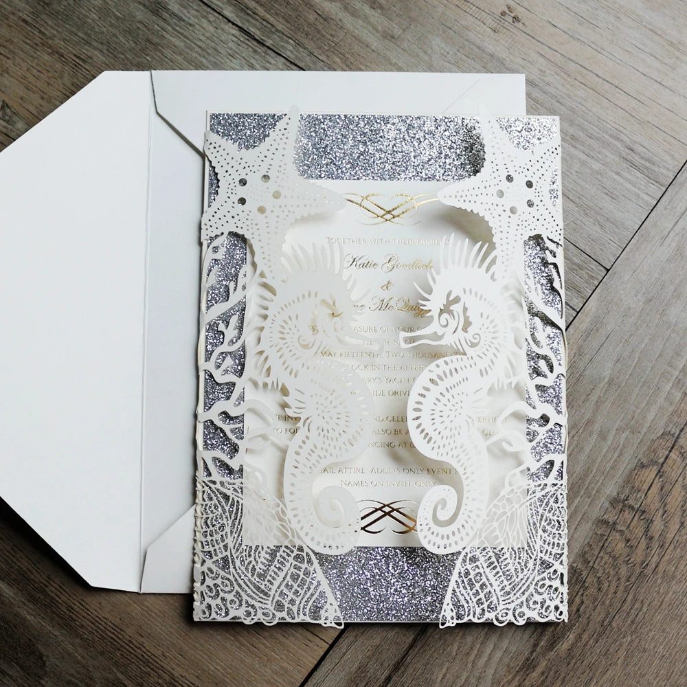 Sea Horse Laser Cut Wedding Invitation Card Glitter Invitations Ocean Theme