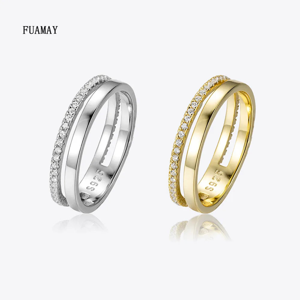 FUAMAY 925 Sterling Silver Dual Wedding Ring White Diamonds and Gold Bands for Parties & Anniversaries