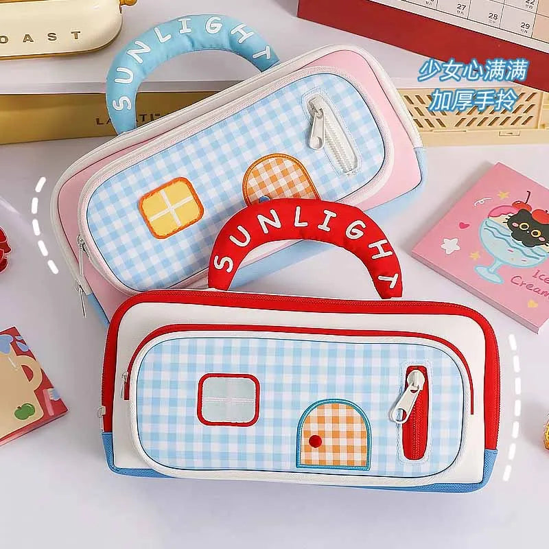 School Stationery Bag Portable Large Capacity Canvas Cute Kawaii Pencil Case for Girls