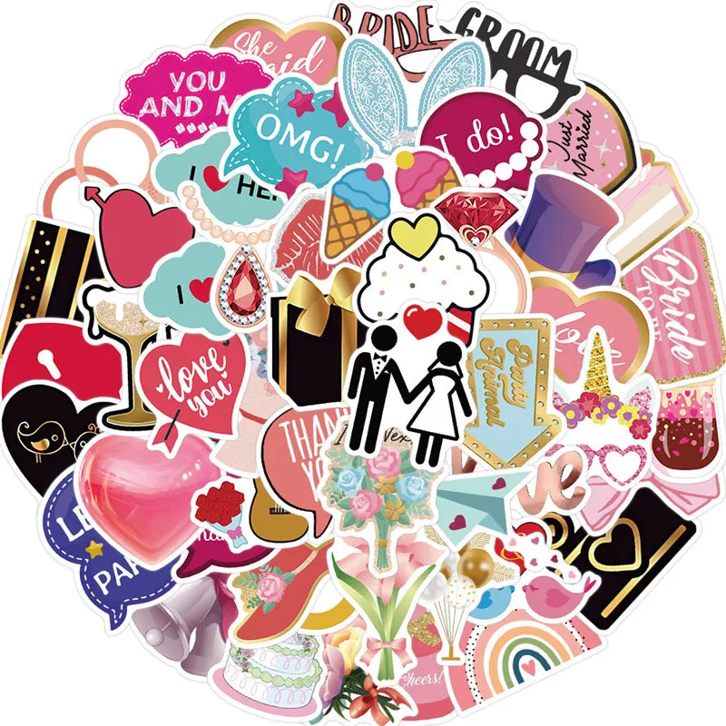 52Pcs Cute Wedding Love StickerKawaii Wedding Element Decals Funimost Waterproof Vinyl Stickers for Water Bottles