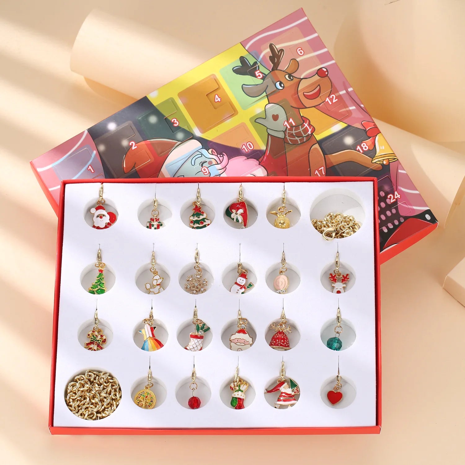 Hot Selling 24 Days Christmas Advent Calendar for Kids 24 Charms DIY Metal Bracelet Necklace Set Customizable Christmas Gift