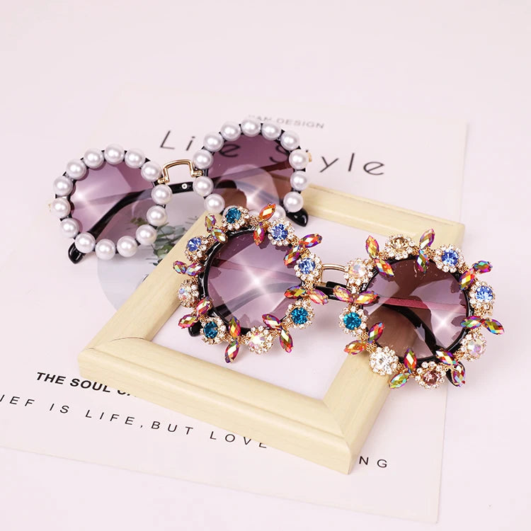 Fashion Flower Rhinestone Girl Kids Shades Wholesale Bling Pearl Children Sunglasses