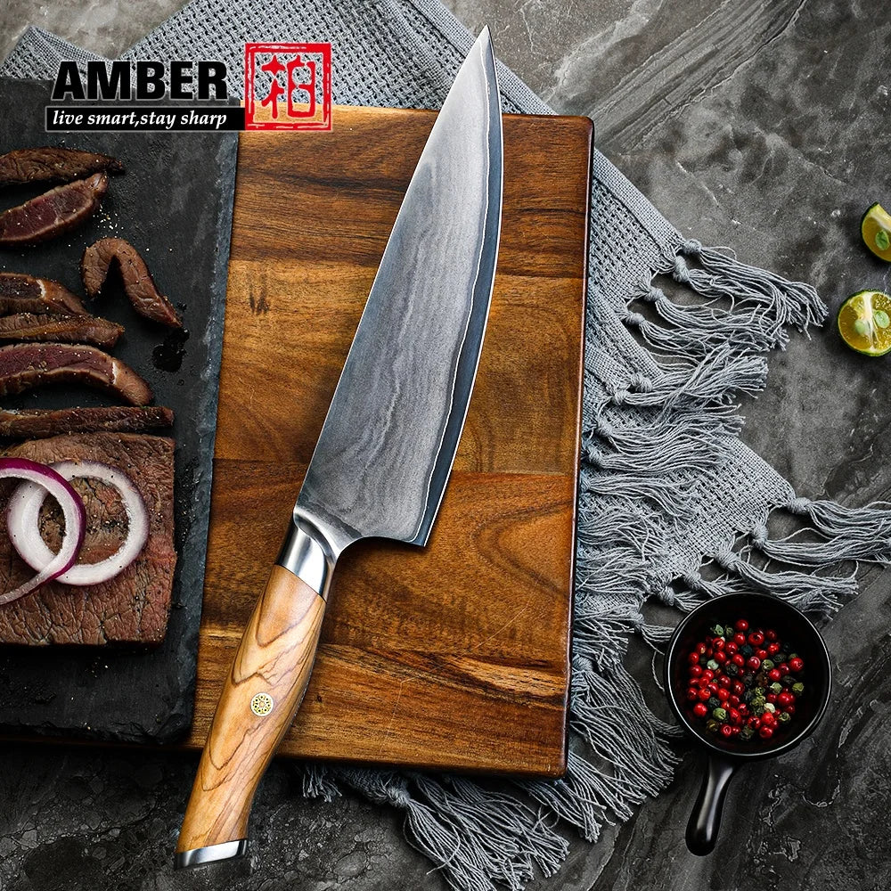 Amber 8 Inch Professional Olived Wood Handled High Carbon Steel Chef Knife with Japanese Vg10 Super Steel Core