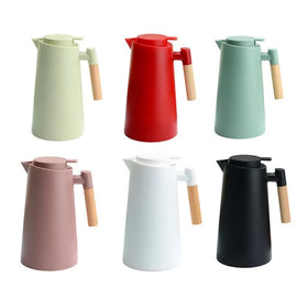 New Arrival Nordic Style 1L Double Wall Vacuum Glass Inner Plastic Portable Water Kettle Wooden Handle Coffee Pot 6-12 Hours