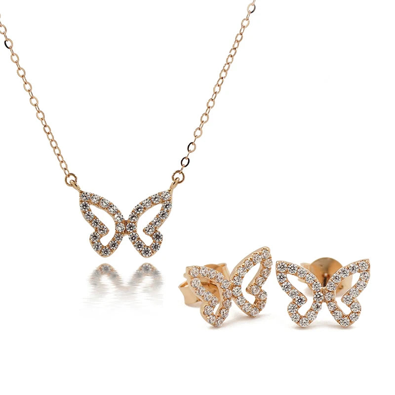Fine Real Golden Jewelry Sets 18K Gold Necklace With Pendant Butterfly Stud Earring with 5A CZ Stones AU750 for Women