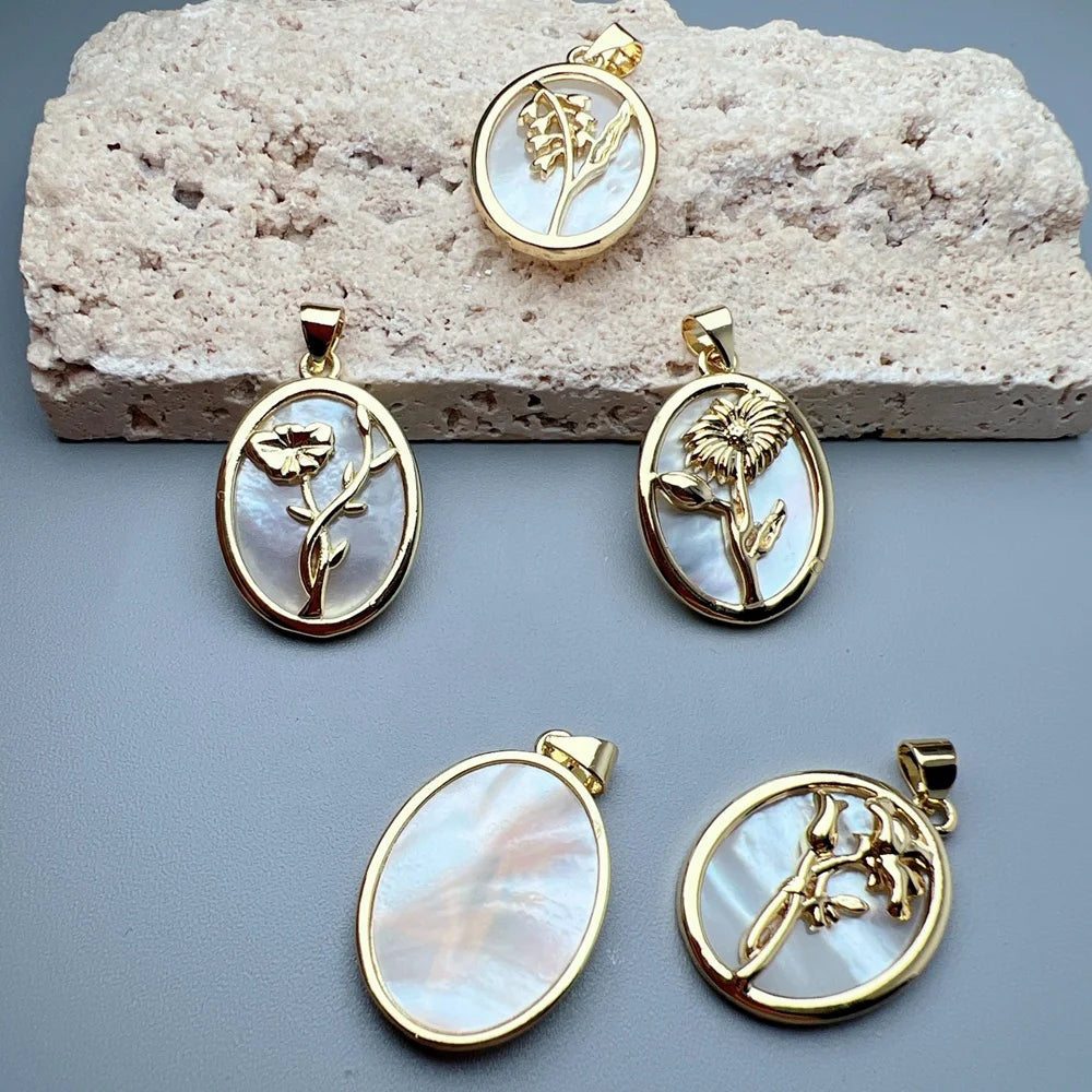 Wholesale Fashion Oval Flower Pendants Charms for Jewelry Making Metal Mother of Pearl Shell Necklace Accessories