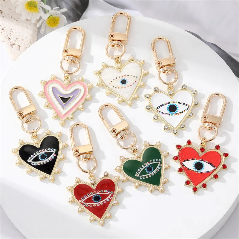 Shiny Gold Heart Evil Eye Keychains Gold Plated Heart Pendant Evil Eye Enamel and Zircons Keychains