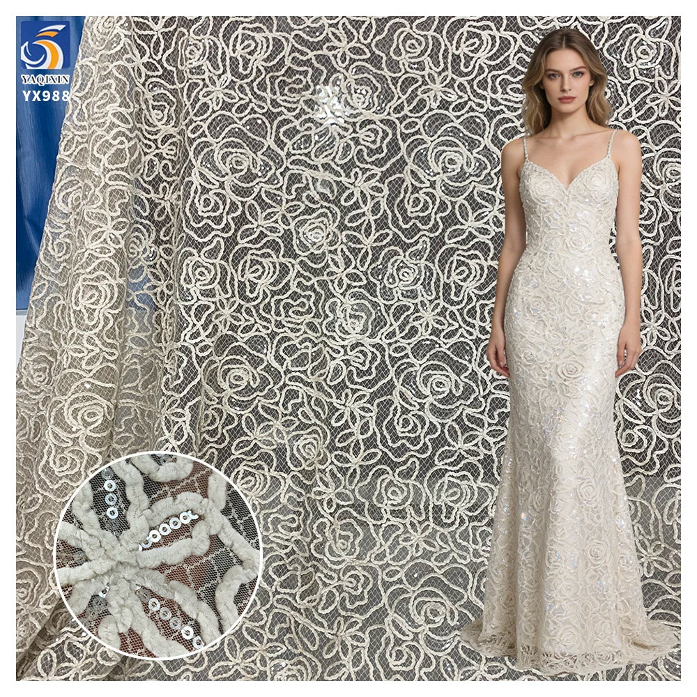 YX988 3D Flowers Embroidered Chenille Materials Chantilly Lace Fabric China Style Red Rose Flowers Embroidery Mesh Lace Fabric MegaBDM