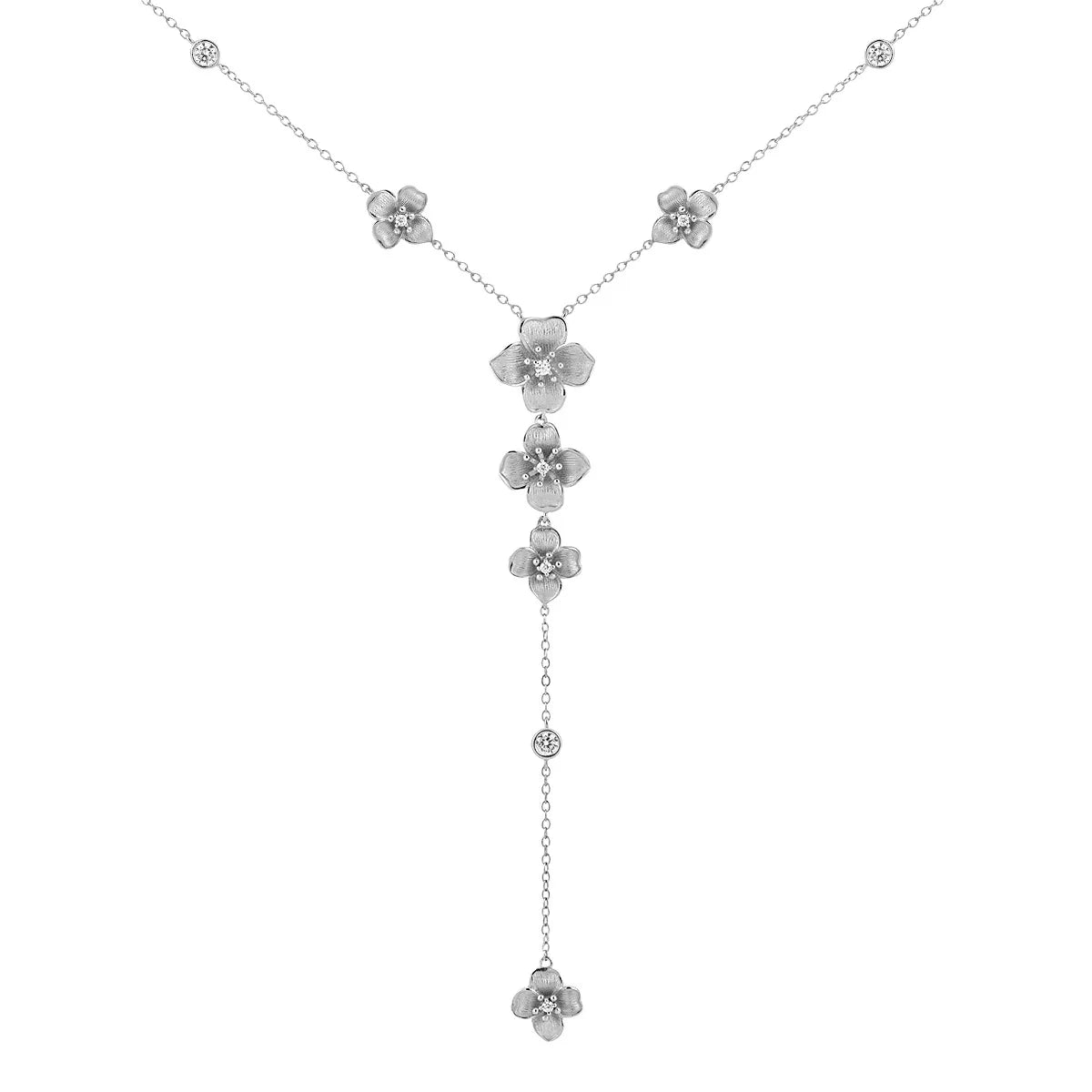 Fine Jewelry Zircon Flower Necklace 925 Sterling Silver CZ Flower Tassel Necklace Rhodium Plated Long Necklace Women