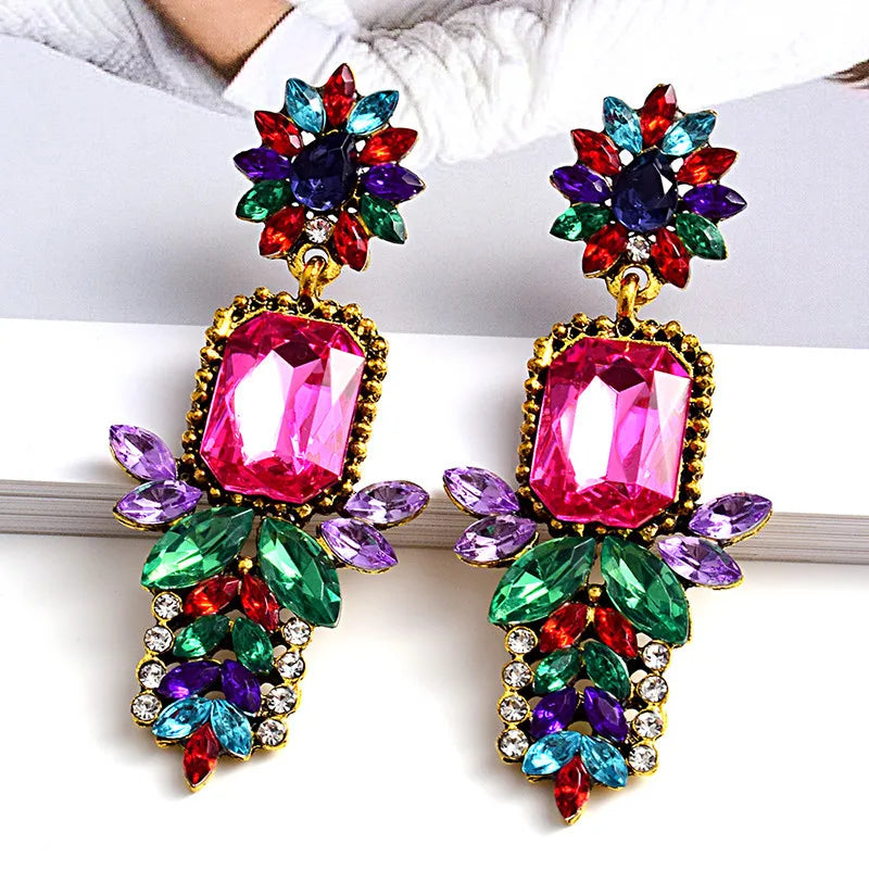 New Trendy Statement Rainbow Colorful Full Rhinestone Crystal Big Drop Earrings Geometric Long Rectangular Earrings Female