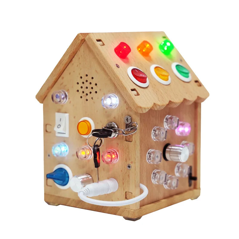 Wooden Montessori Busy Board Sound and Light Busy House Switch Button Cognitive Toys Toddler Sensory Toys