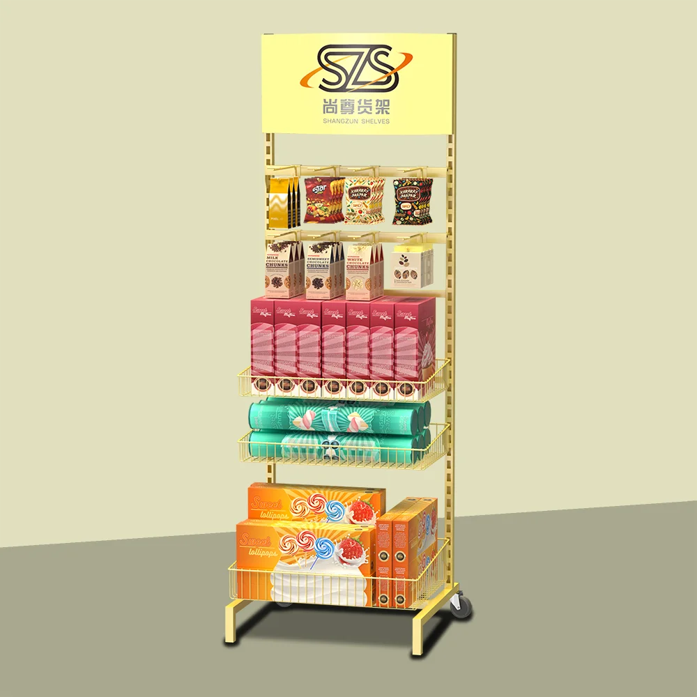 Multi Layer Snack Display Rack Metal Mesh Snack Rack Adjustable Laminated Snack Display Rack Layered Wheeled Retail Store Rack