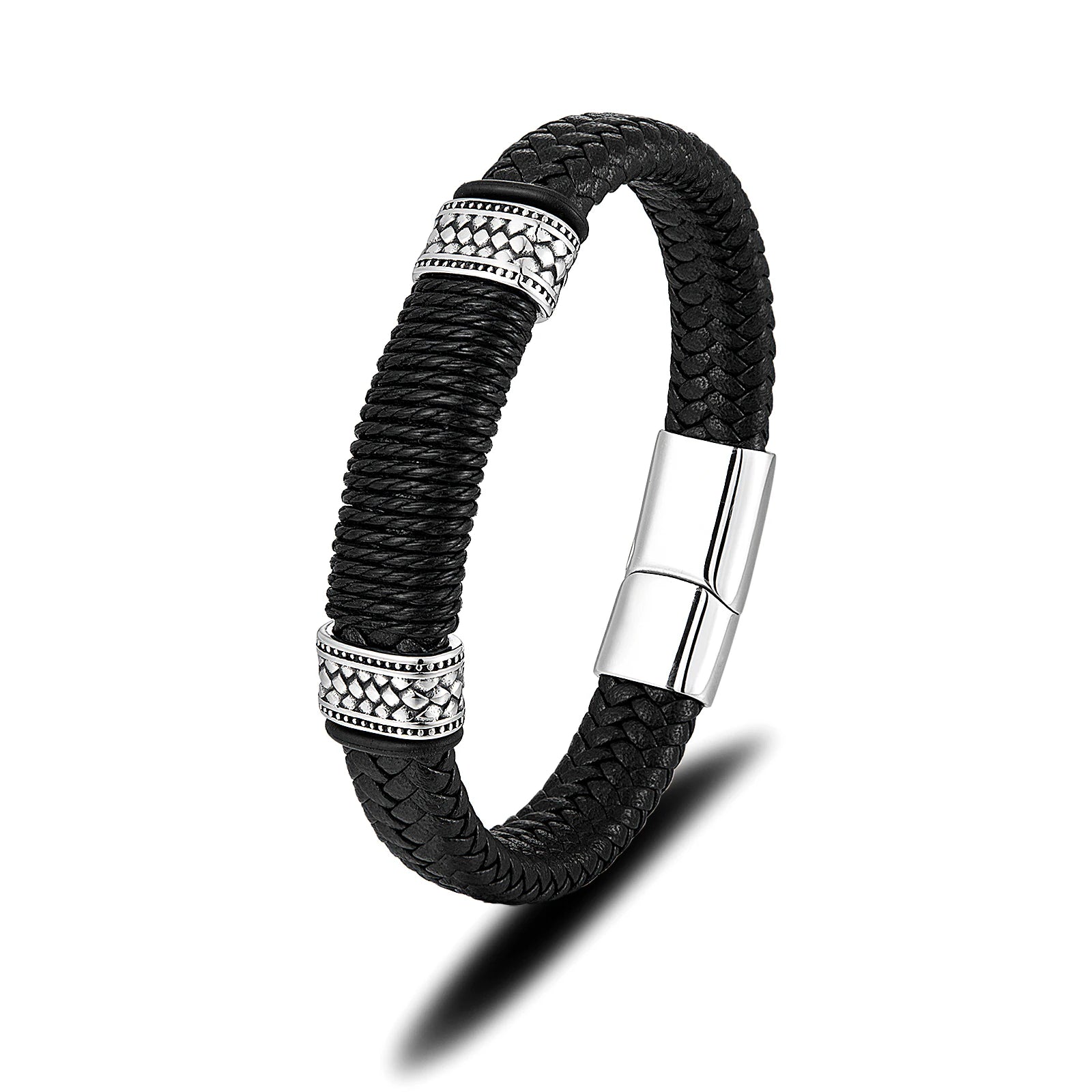 Wholesale Man Leather Jewelry Genuine Cowhide Leather Bracelet Stainless Steel Leather Braided Bracelet for Man