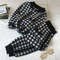 2025 New Fashion Solid Houndstooth Knitted Cardigan Loose-Fitting Women's European Sports Suit for Spring Fall Two-Piece Casual