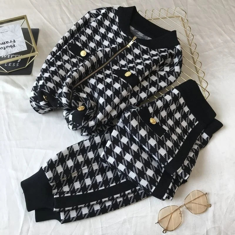 2025 New Fashion Solid Houndstooth Knitted Cardigan Loose-Fitting Women's European Sports Suit for Spring Fall Two-Piece Casual