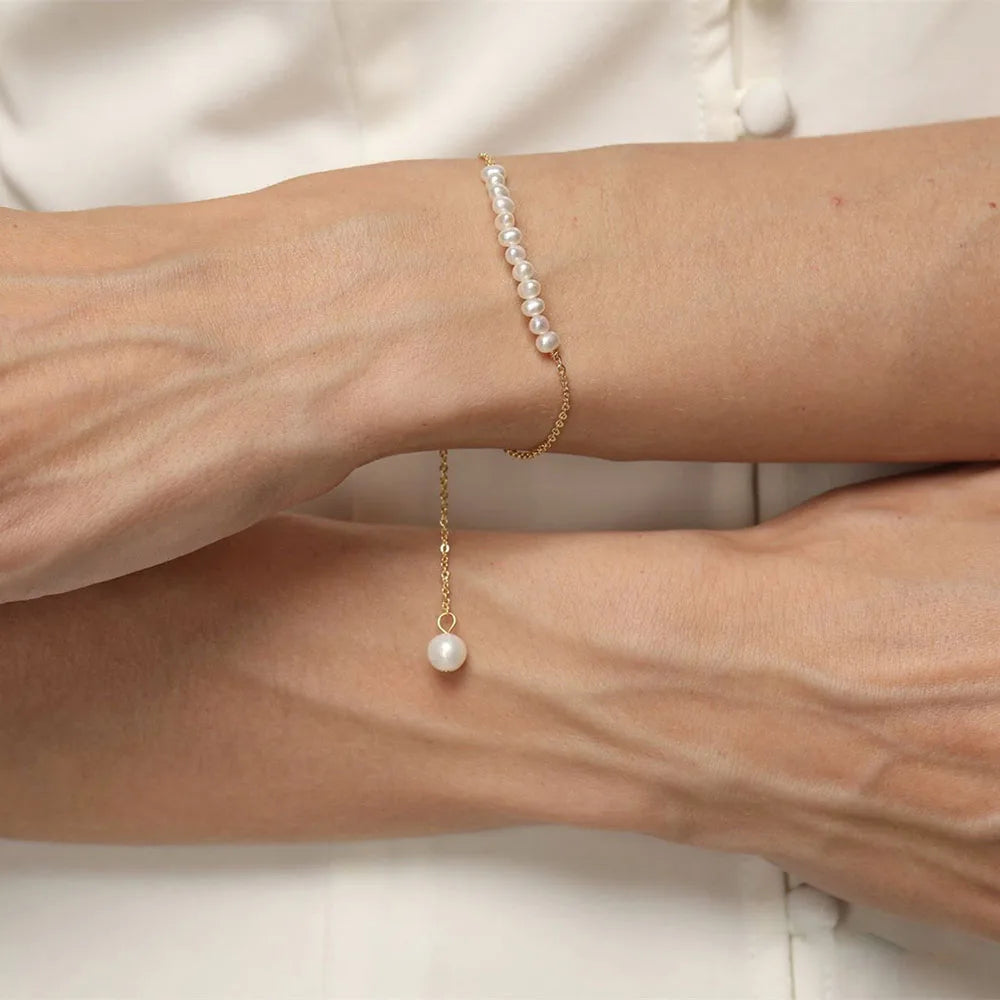 Dainty Adjustable 18K PVD Gold Plated Accessoires De Bijoux Stainless Steel Minimalist Tiny Pearl Bead Chain Bracelet for Women