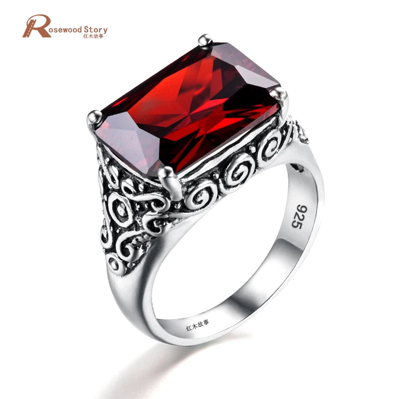 Real Pure Men Women Ruby Crystal Stone Ring Vintage Engraved Medieval Pattern Elements Jewelry 925 Sterling Silver Ring