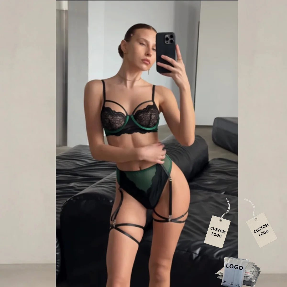 Wholesale Elegant Green Sexy Women's Lingerie Set Sheer Mesh Bra and Panty Underwear Valentine's Day Special