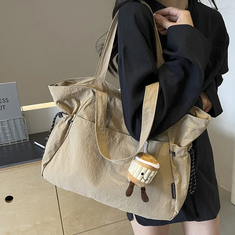 Casual Light Women's Nylon Cloth Shoulder Bags Simple High Capacity Ladies Shopping Book Tote Bag Solid Color Female Handbags