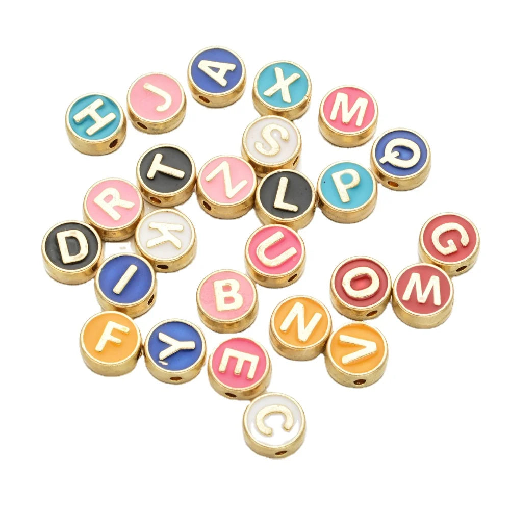 100pcs/bag 8MM Round Gold Enamel Alphabet Charms Bead Mixed Letter Loose Beads for DIY Jewelry Making