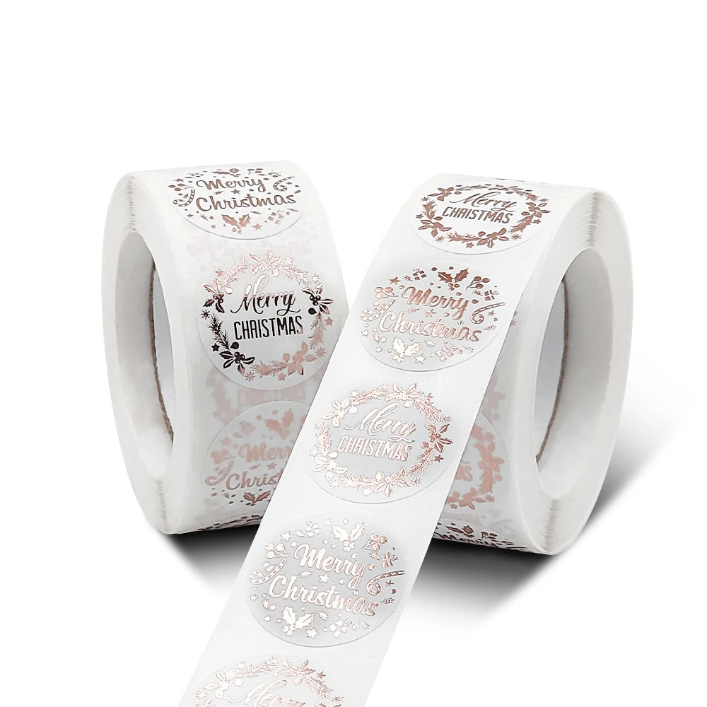 Wholesale Rose Gold Merry Christmas Round Roll Stickers for Festival Gift Decoration 1inch PVC Vinyl Label
