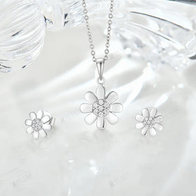 925 Sterling Silver Flower Design Dazzling Cubic Zirconia Necklace & Earrings Set for Women