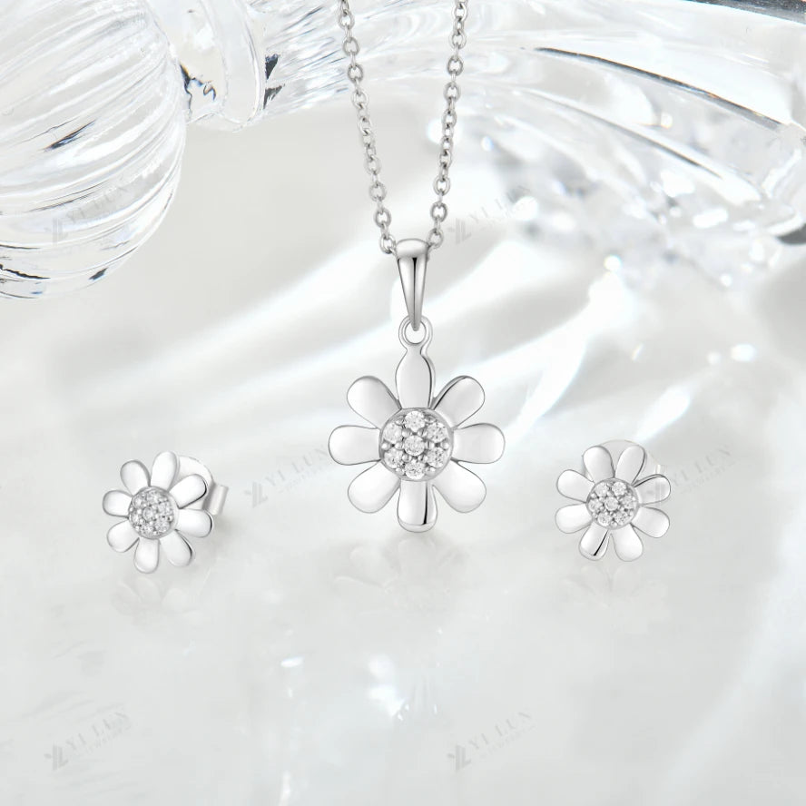 925 Sterling Silver Flower Design Dazzling Cubic Zirconia Necklace & Earrings Set for Women