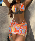STOCK Custom Print 3Pieces Swimsuit With Pad Triangle Top Basic Bikini Set See Through Beach Skirt Cover Ups