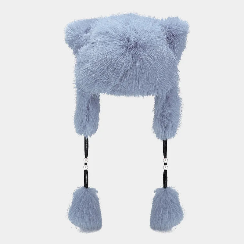 Wholesale Cute Bear Ears Design Faux Fur Bucket Hat Girls  Furry Winter Hat Women Earflap Trapper aviator Hat